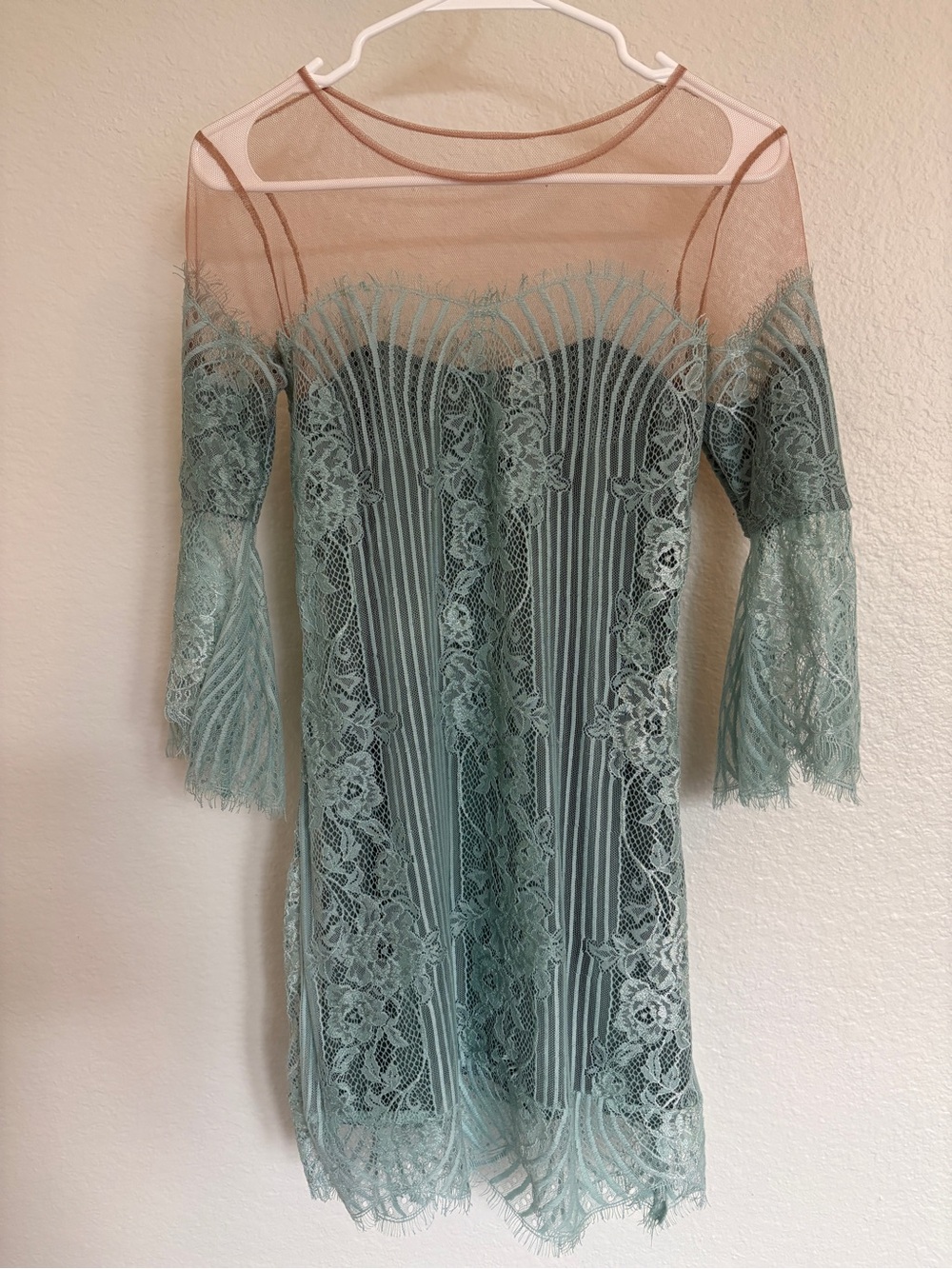 For Love & Lemons Sage Green Lace Mesh Dress